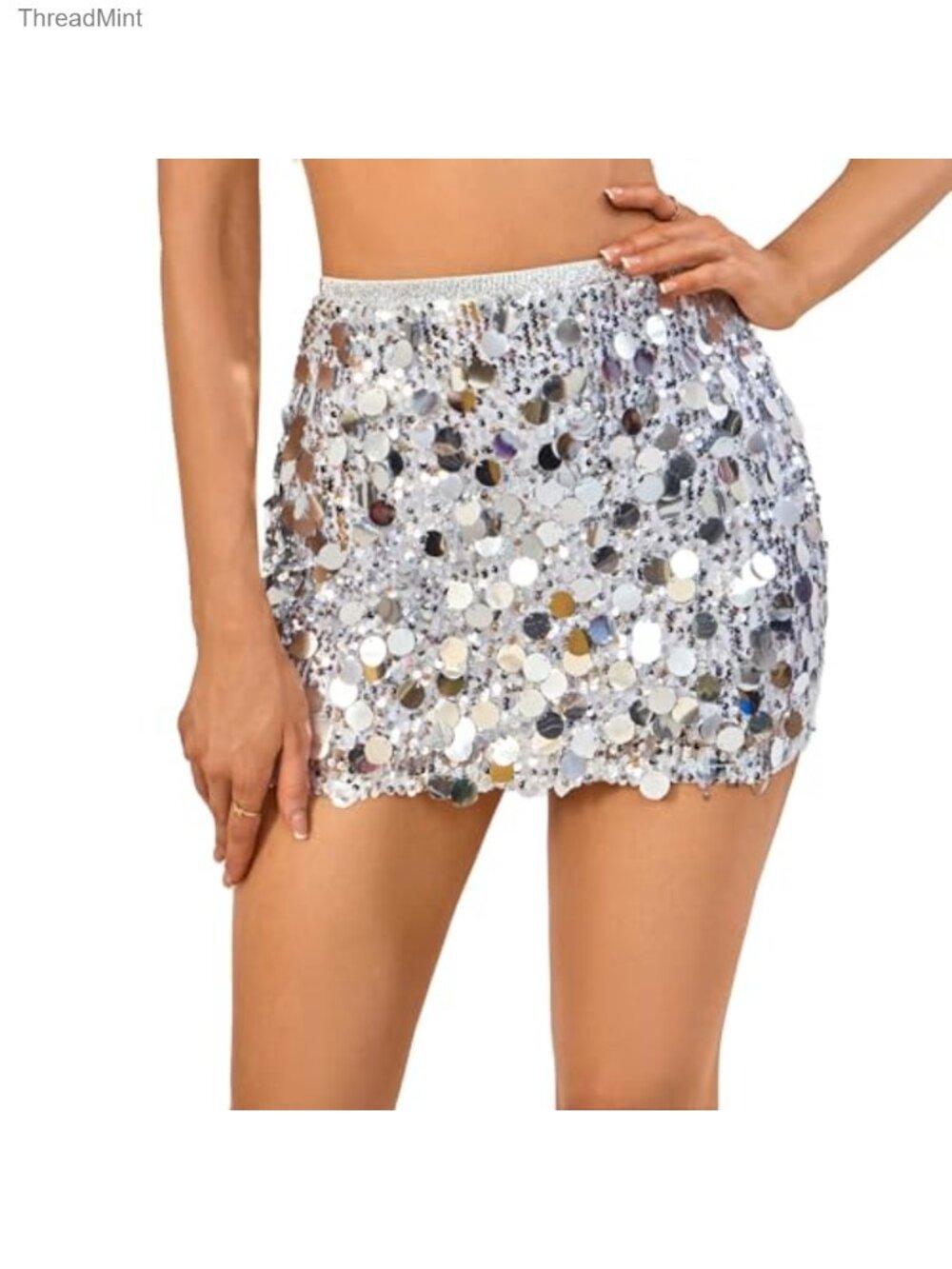 SILVER Sequin Bodycon Mini Skirt Stretchy Glitter Rave Disco Party